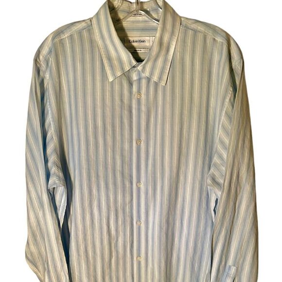 Mens CK Calvin Klein Blue/Gray Striped Button Front Shirt, Size L  Actor Worn. - Picture 1 of 4